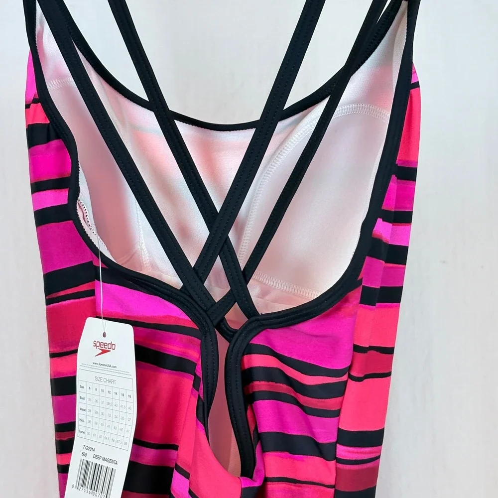 Speedo Women One Piece Swimsuit Hot Pink Magenta Striped Double Strap  Sz 8 $88